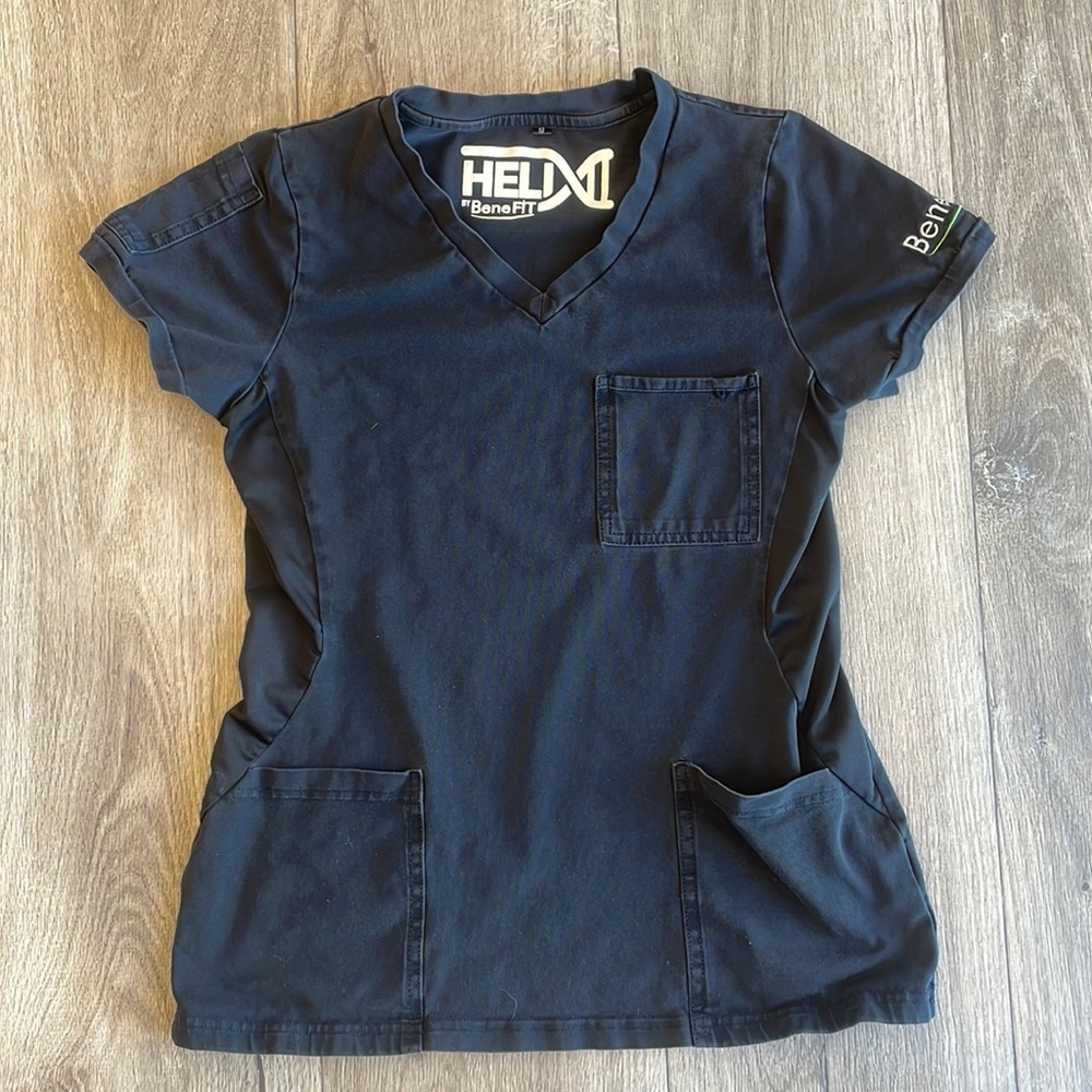 COPY - Benefit Medical scrub top. Solid black. Helix style. Size small